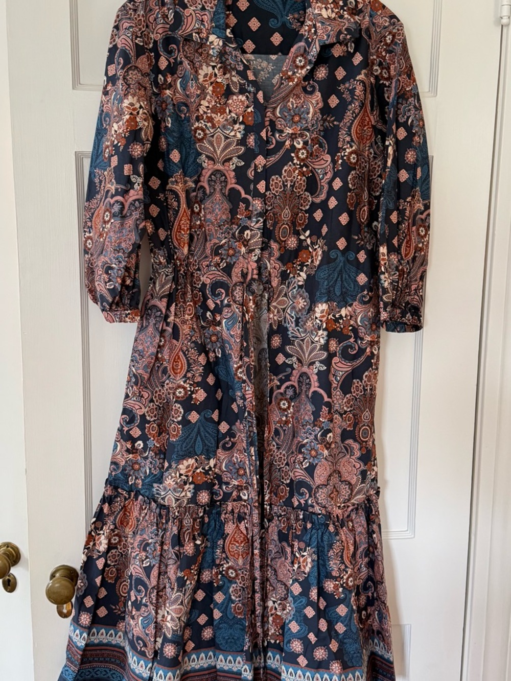 Cara Cara Navy Paisley Midi Dress with Peach & Rust Accents